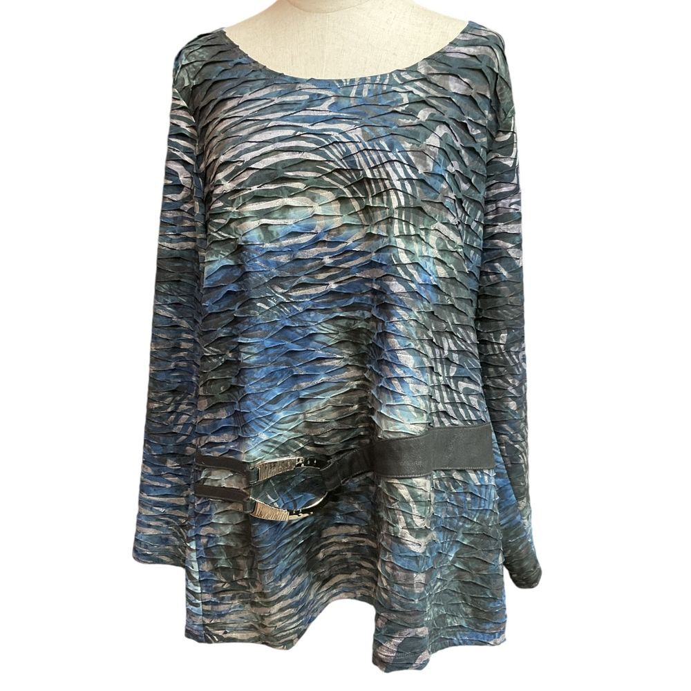 Amanda‎ Matthews Women's Faux Buckle Top Blouse Long Sleeve Blue Plus Size 2X